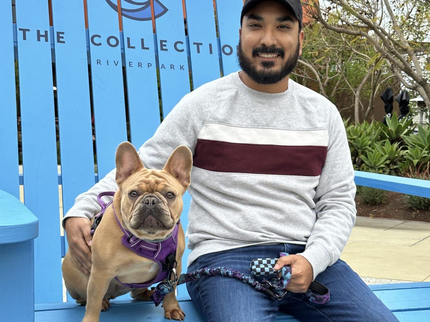 An owner sitting on a bench with his french bulldog settled calmly beside him