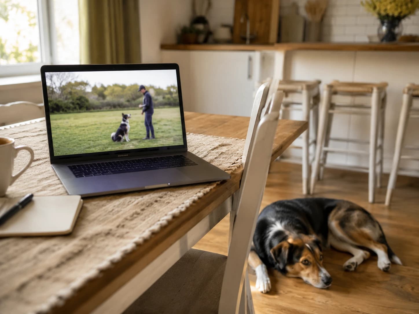 A laptop on a kitchen table playing a training lesson while a dog rests nearby
