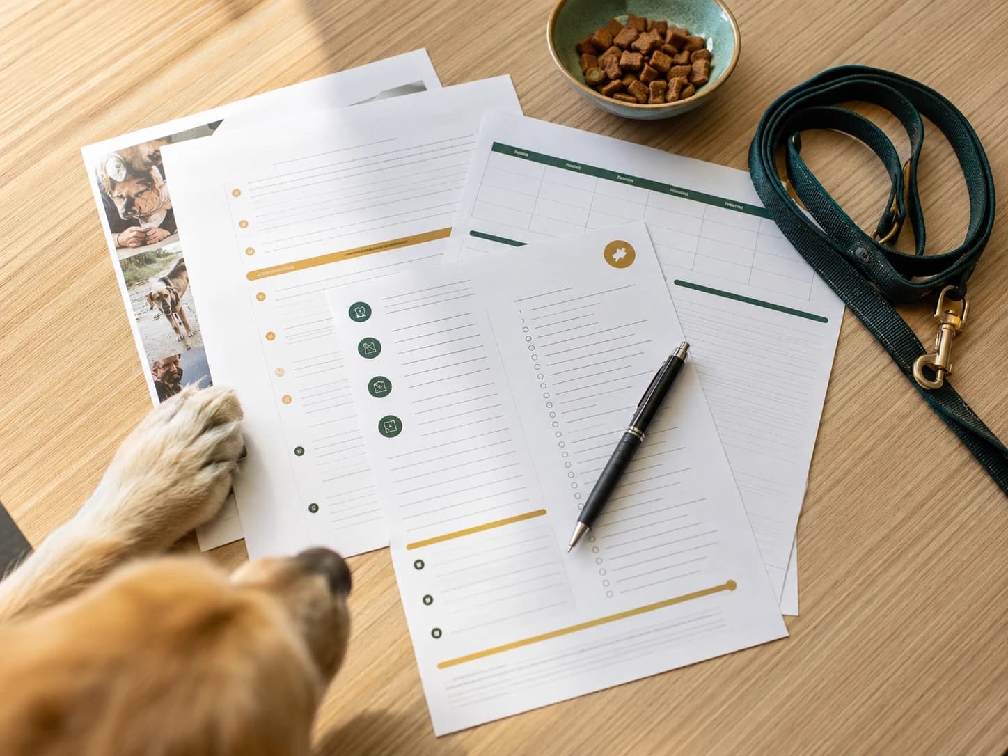 Printed training checklists and schedules spread on a table with a dog resting a paw on them