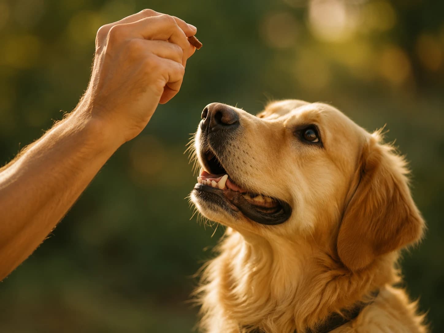 An owner holding a treat while a golden retriever looks up in focus