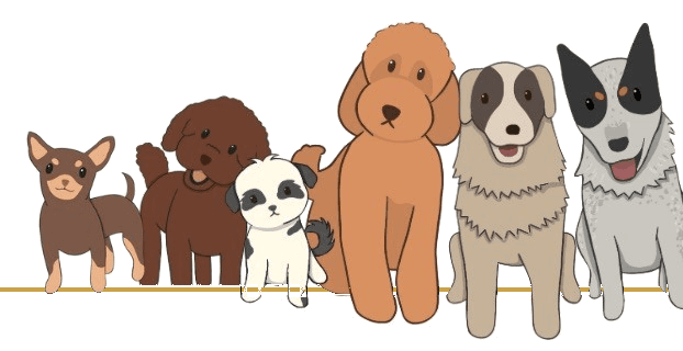 Six illustrated dogs sitting together